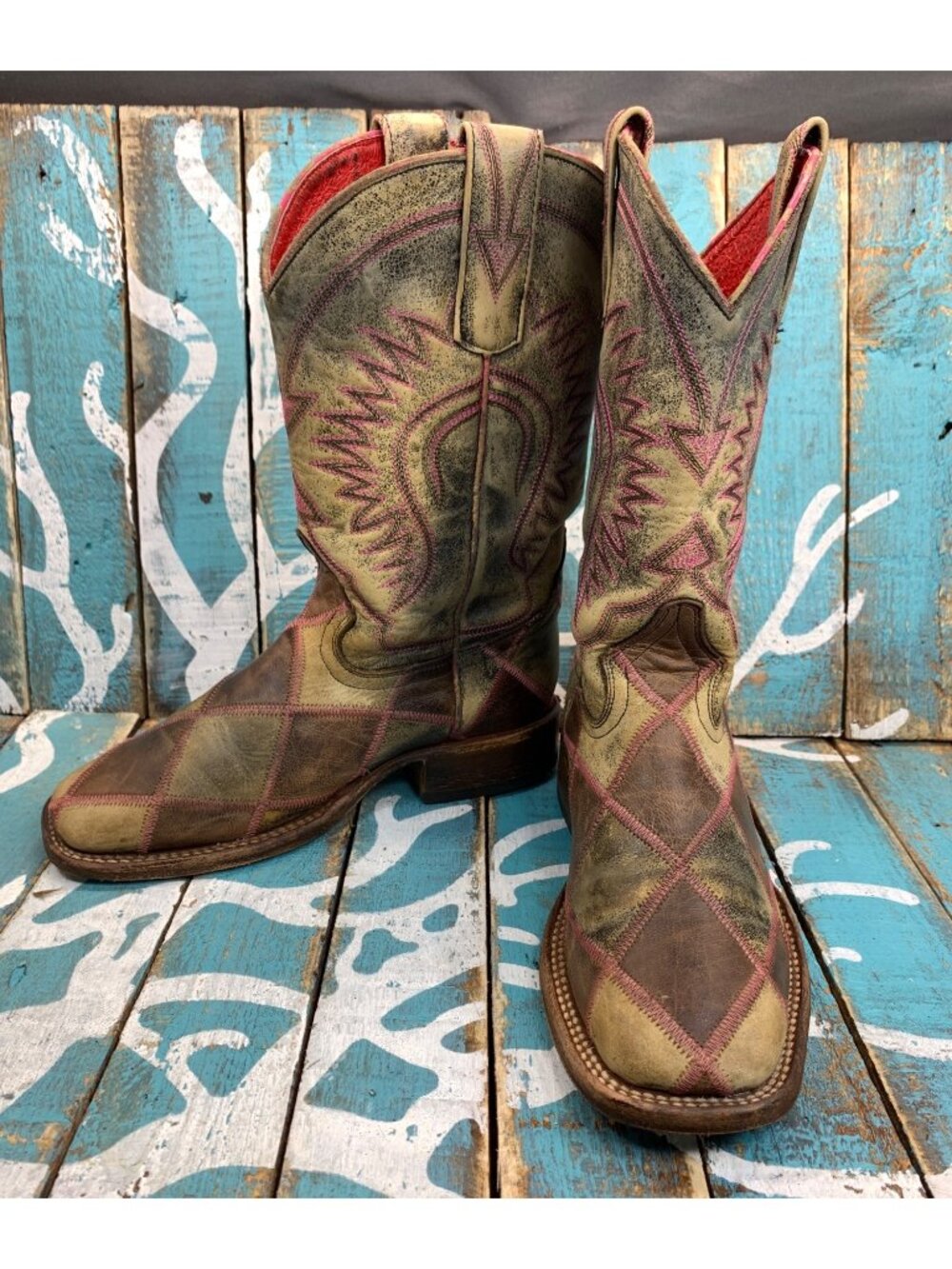 Macie Bean Tan Stitched Leather Distressed Patches Youth Sz 2 Cowboy Boots